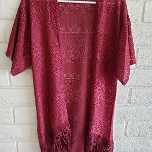 Burgundy Lace Kimono Bottom Fringe swim coveup
